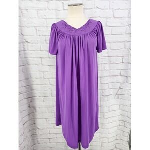 Vintage Shadowline Nylon Nightgown Purple Cottage Retro Muumuu Floral Size Small